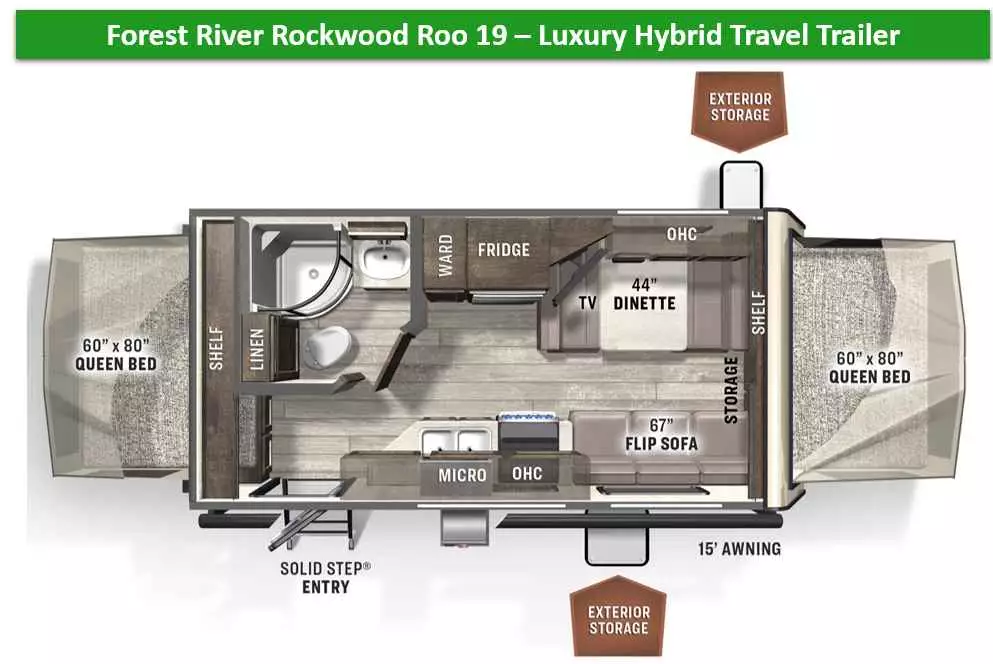 The Forest River Rockwood Roo 19 pop up hybrid camper trailer with dry bathroom. 