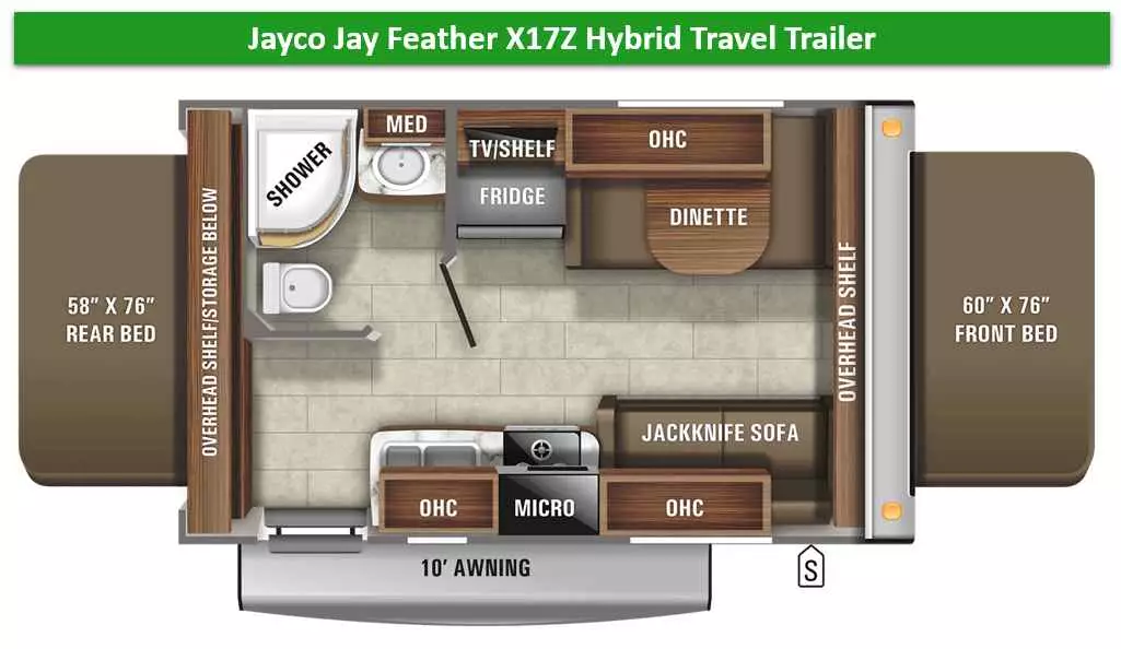 Floorplan - Jayco Jay Feather X17Z Hybrid Travel Trailer with Dry bathroom