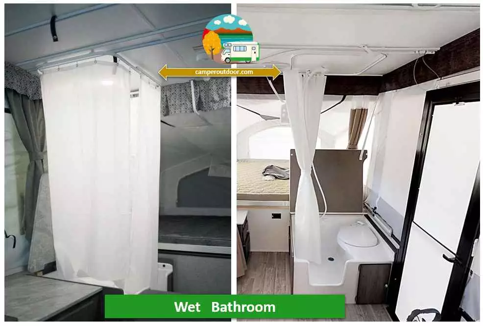 Wet bathrooms are the most common types of camper toilets found in pop up campers and other small campers and campervans. Cassette Toilet and an RV shower (indoor shower, curtained) 