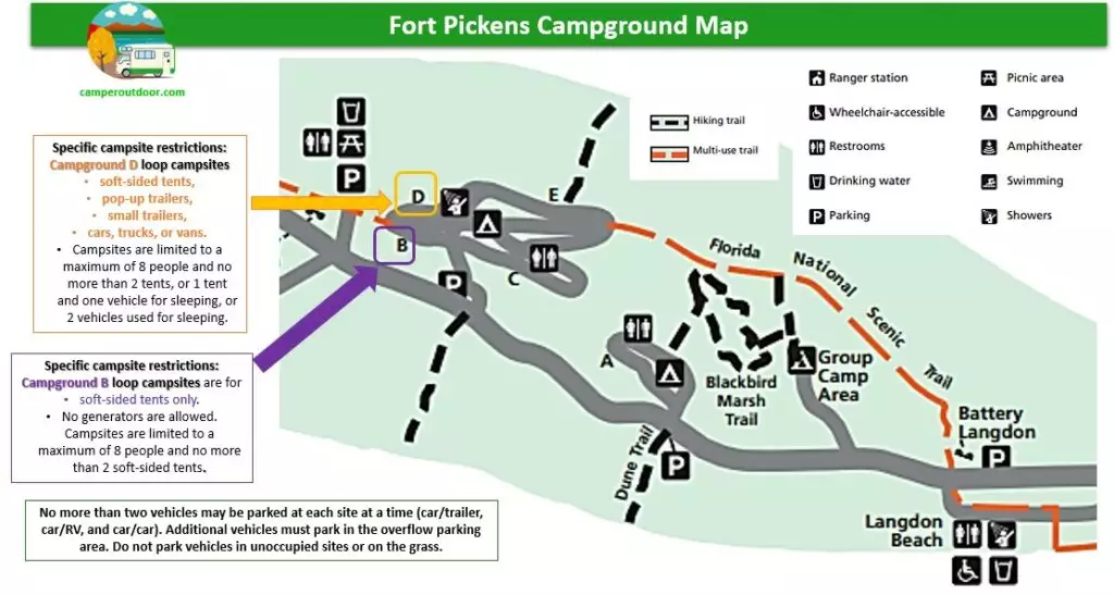 Fort Pickens Campground Map Loops B, C, D & E.