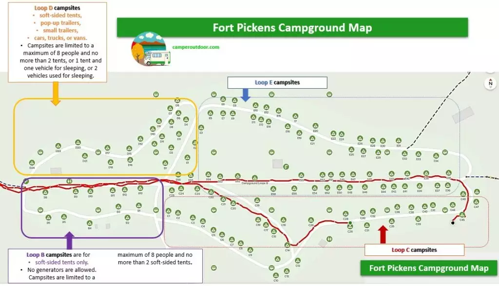Fort Pickens Campground Map Loops A, B, C, D & E.