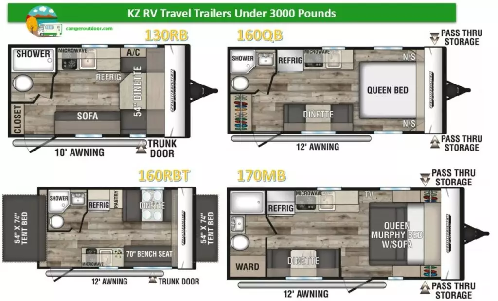 travel trailers under 3000 lbs dry weight with bathroom queen beds and murphy beds 