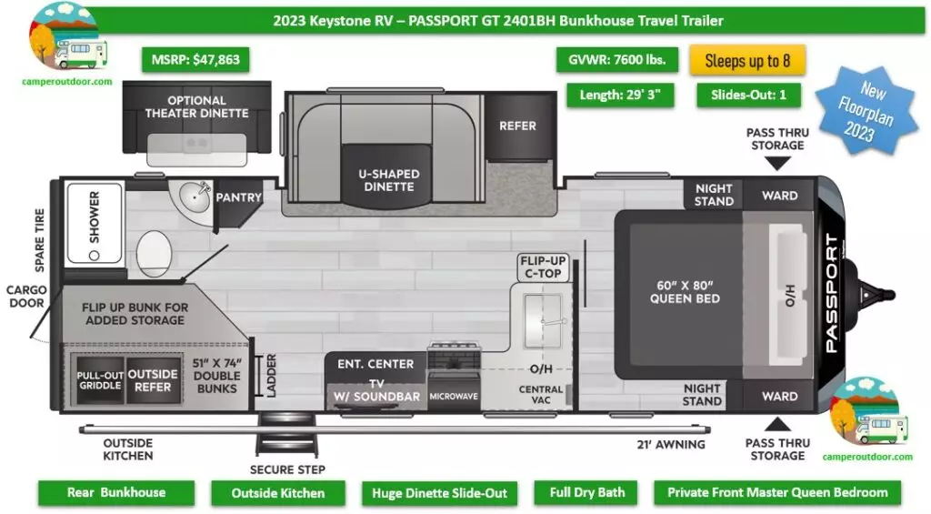 Best 2023 Travel Trailer with 2 Double Size Bunk Beds New 2023 PASSPORT GT 2401BH floor plan
