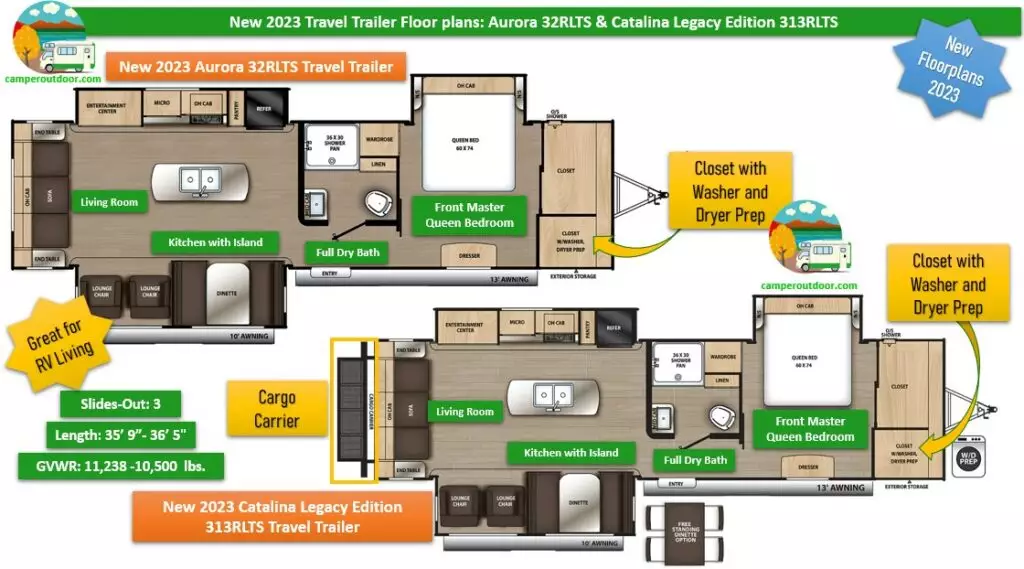 Best New Travel Trailer Floor Plans for 2023: Aurora 32RLTS & Catalina Legacy Edition 313RLTS Travel Trailers with Washer & Dryer