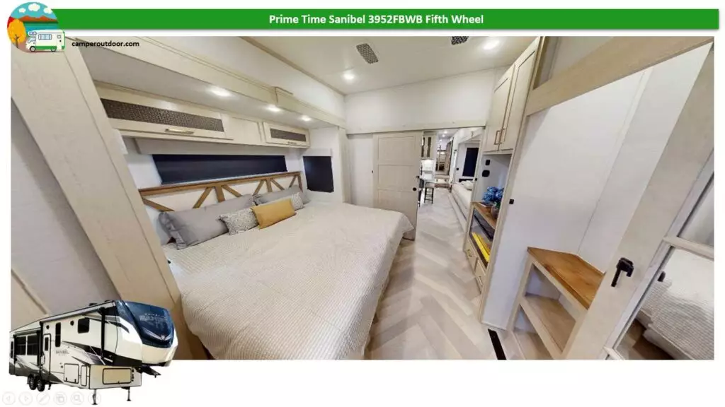 prime time sanibel 3952fbwb 5th wheel camper bedroom