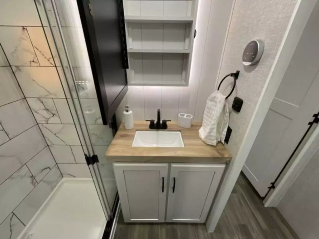 walk-in shower and ample bathroom 