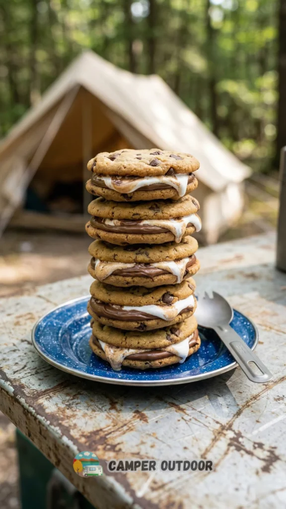 A tall, mouth-watering stack of thick chocolate chip cookie sandwiches filled with chocolate and marshmallow on a blue enamel plate at a forest campsite.