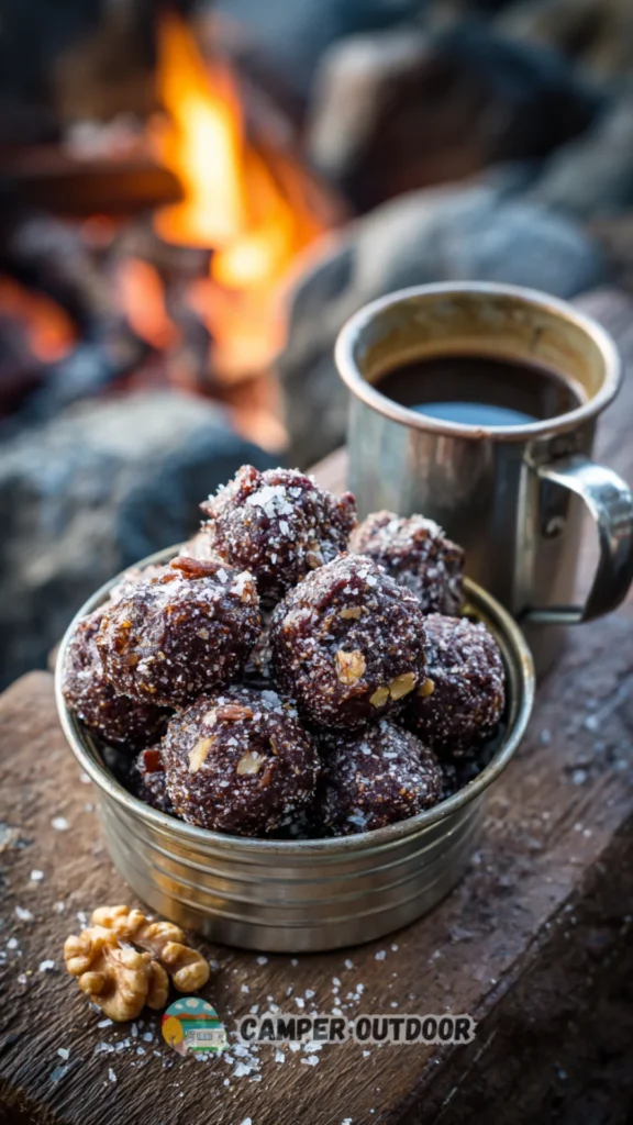 Dense, fudgy dark chocolate date and walnut brownie bites sprinkled with sea salt inside a rugged tin cup on a dark wooden table next to a flickering lantern under the night sky.