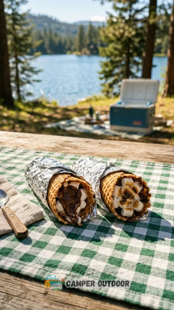 Two foil-wrapped waffle cones overflowing with gooey chocolate and marshmallows, resting on a green and white checkered tablecloth with a scenic lake in the background.