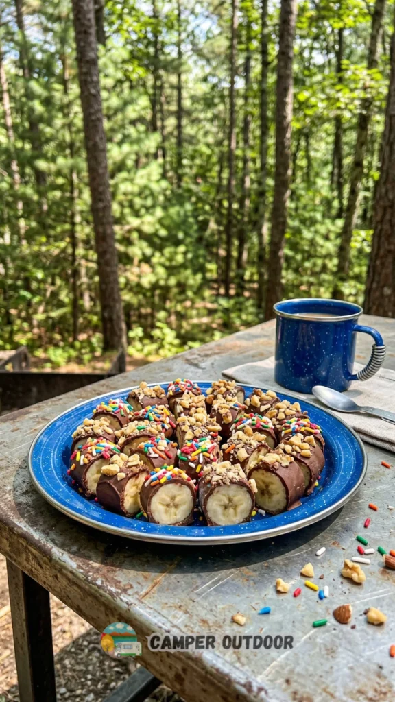A blue enamel plate holding frozen banana slices dipped in chocolate, covered with colorful sprinkles and nuts, set on a metal camping table in the forest.