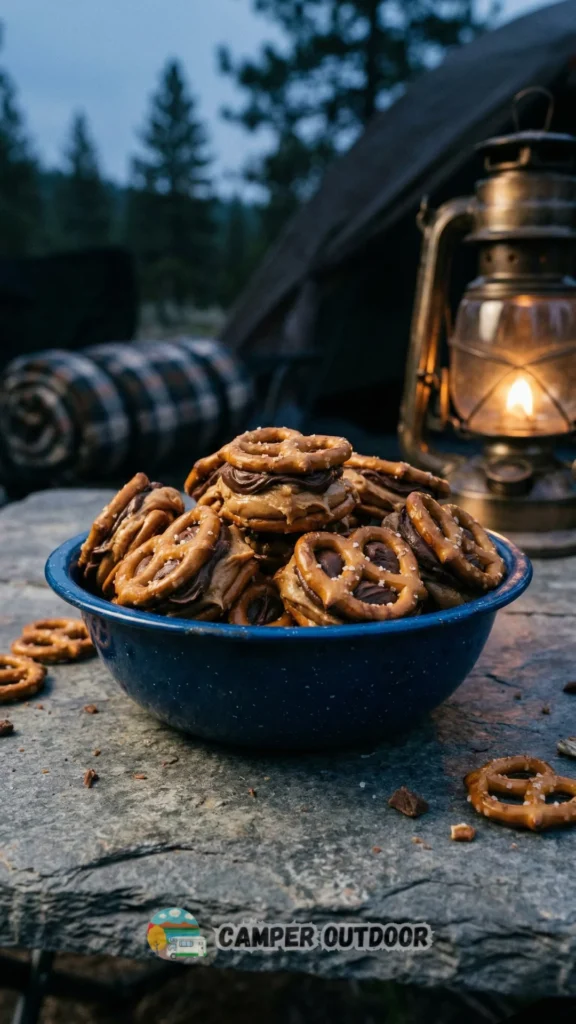 A rustic blue bowl piled high with peanut butter and chocolate pretzel sandwich bites on a stone table, illuminated by a glowing vintage camping lantern.