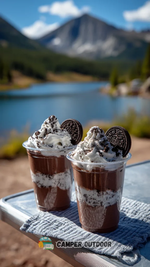 Two clear camping cups showing alternating layers of thick chocolate pudding, white whipped topping, and crushed Oreos on a metal table with a mountain lake view.