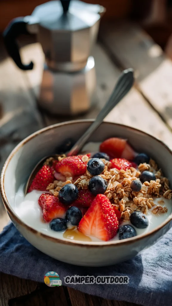 A simple ceramic bowl filled with creamy Greek yogurt, topped with fresh strawberries, blueberries, granola, and a honey drizzle on a rustic wooden picnic table.