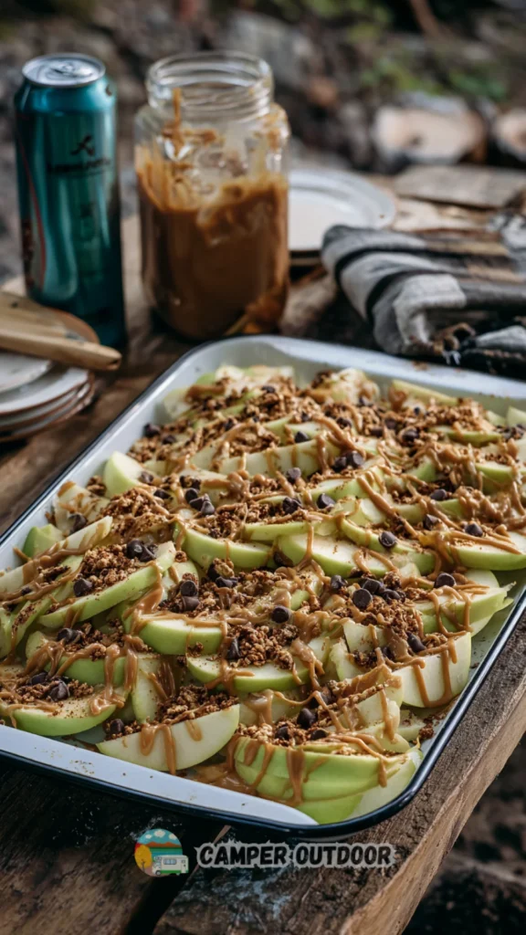 An enamel camping platter covered in thinly sliced green apples generously drizzled with caramel and peanut butter, topped with mini chocolate chips and granola.
